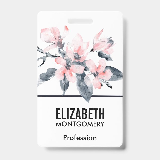 Pink & Grey Flowers Classy Watercolor ID Badge (Front)