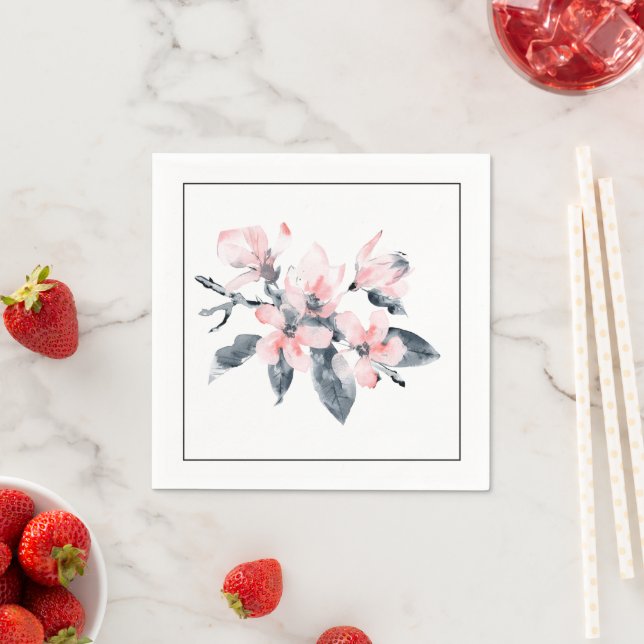 Pink & Grey Flowers Classy Watercolor Napkin (Insitu)
