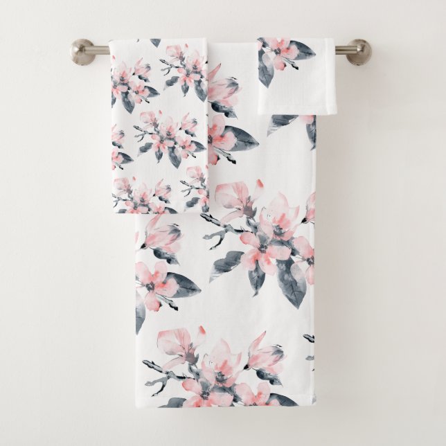Pink & Grey Flowers Classy Watercolor Pattern Bath Towel Set (Insitu)