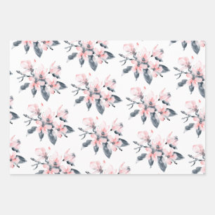 Pink & Grey Flowers Classy Watercolor Pattern Wrapping Paper Sheet