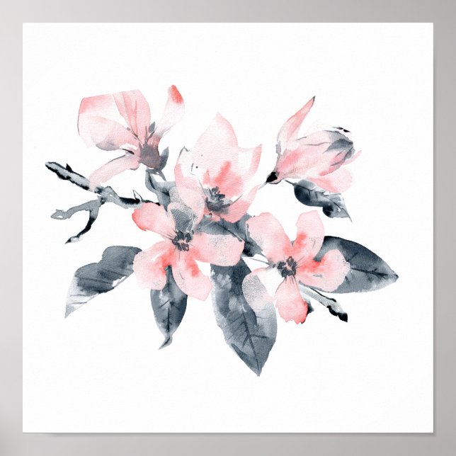 Pink & Grey Flowers Classy Watercolor Poster (Front)