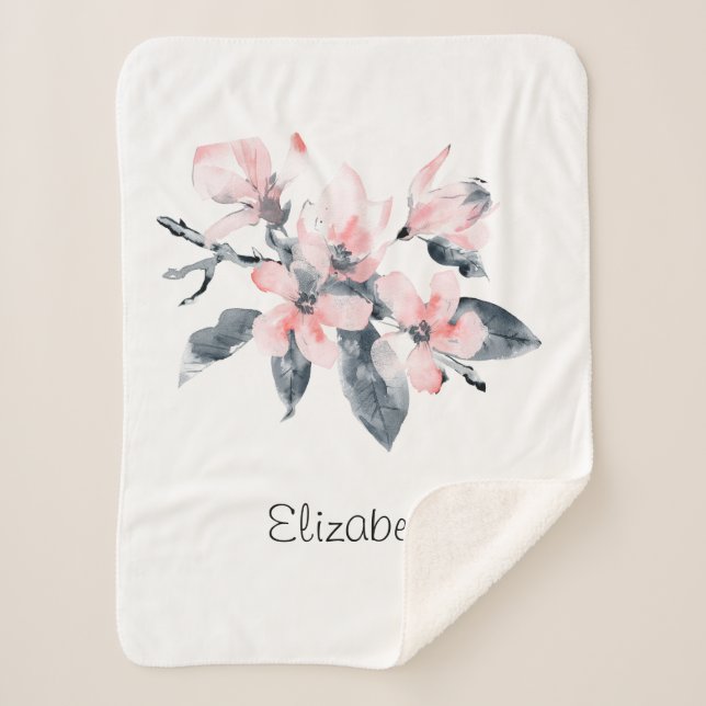 Pink & Grey Flowers Classy Watercolor Sherpa Blanket (Front)