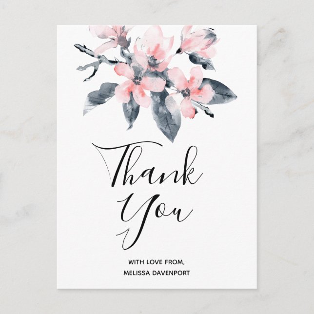 Pink & Grey Flowers Classy Watercolor Thank You Postcard (Front)