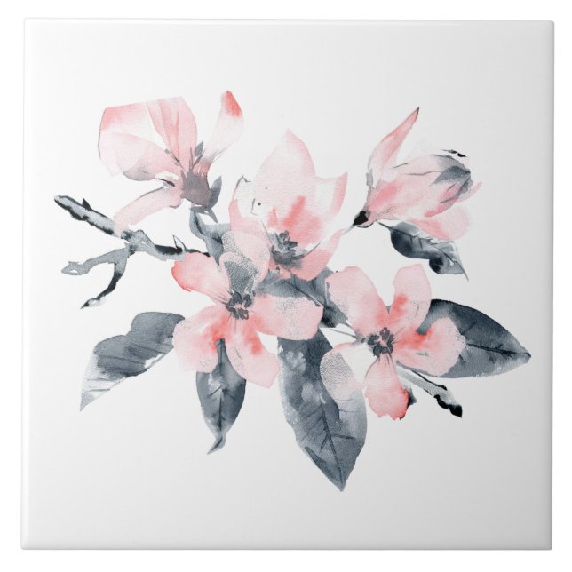 Pink & Grey Flowers Classy Watercolor Tile (Front)