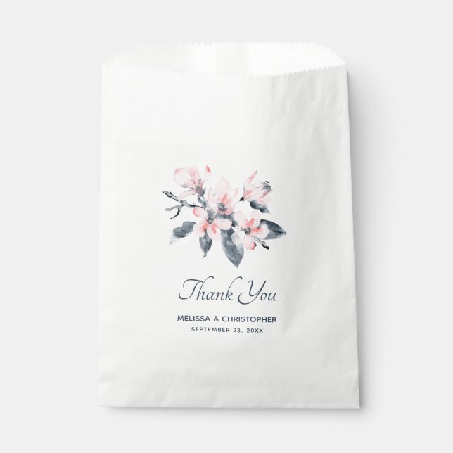 Pink & Grey Flowers Classy Watercolor Wedding Favour Bags (Front)