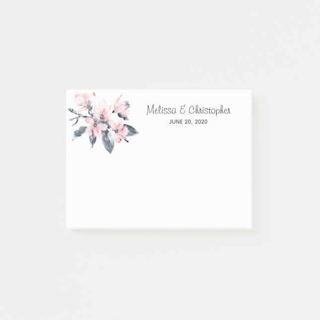 Pink & Grey Flowers Classy Watercolor Wedding Post-it Notes (Front)
