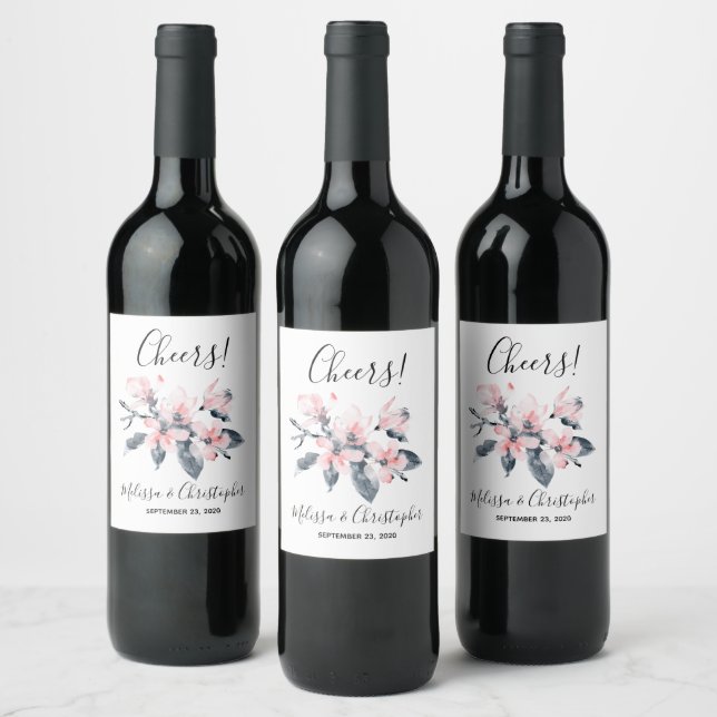 Pink & Grey Flowers Classy Watercolor Wedding Wine Label (Bottles)