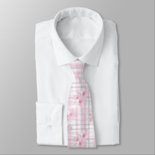 Pink Grey Flowers Plaid Christmas Neck Tie
