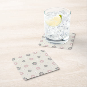 Pink & Grey Flowers Square Paper Coaster