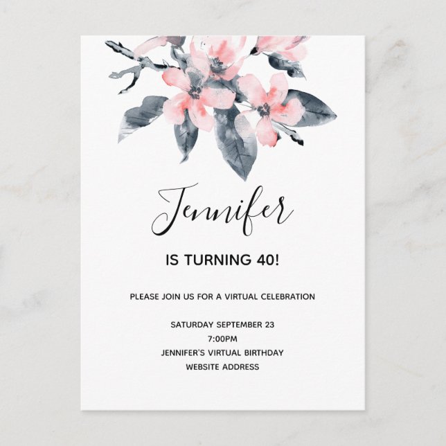 Pink & Grey Flowers Watercolor Virtual Birthday Invitation Postcard (Front)