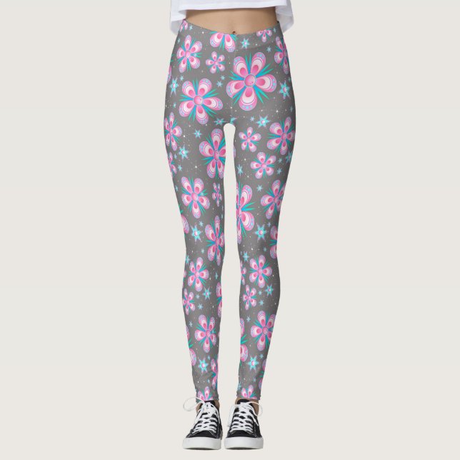 Pink & Grey Geometric Floral Leggings (Front)