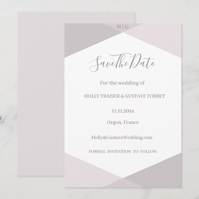 Pink Grey Geometric Monogram Save The Date Wedding Invitation (Front/Back)