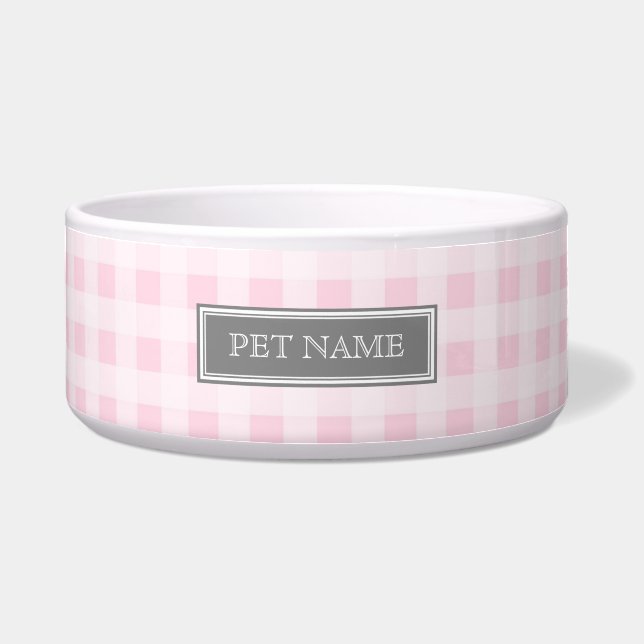 Pink Grey Gingham Custom Name Dog Bowl (Front)