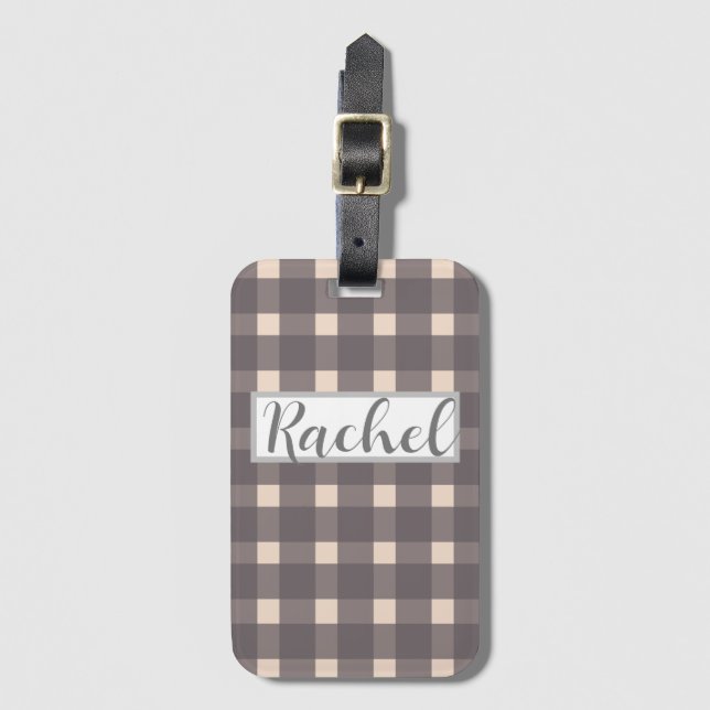 Pink Grey Gingham Personalised Luggage Tag (Front Vertical)