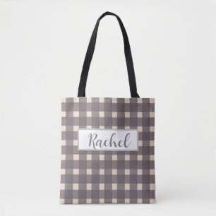 Pink Grey Gingham Personalised Tote Bag