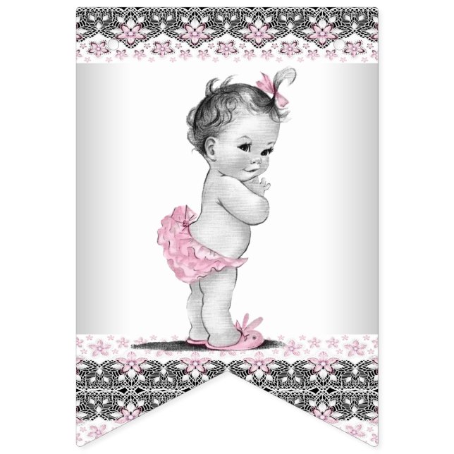 Pink Grey Girl Baby Shower Bunting (First Flag)