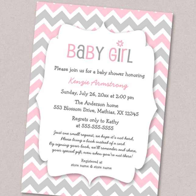Pink Grey Girl Baby Shower Invites bring a book (Creator Uploaded)