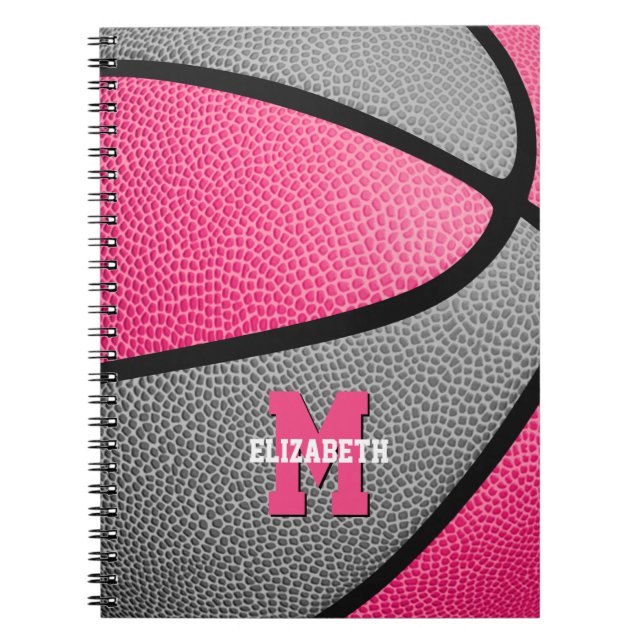 pink grey girls monogrammed basketball notebook (Front)