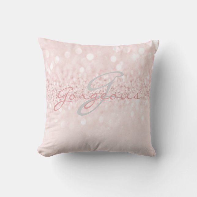 Pink Grey Girly Glitter Silver Monogram Name Cushion (Front)