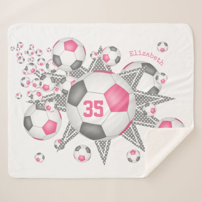 pink grey girly soccer ball blowout sports decor sherpa blanket (Front (Horizontal))