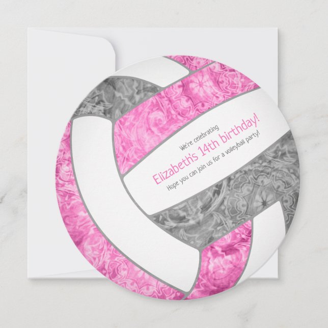 pink grey girly volleyball birthday party announcement (Front)