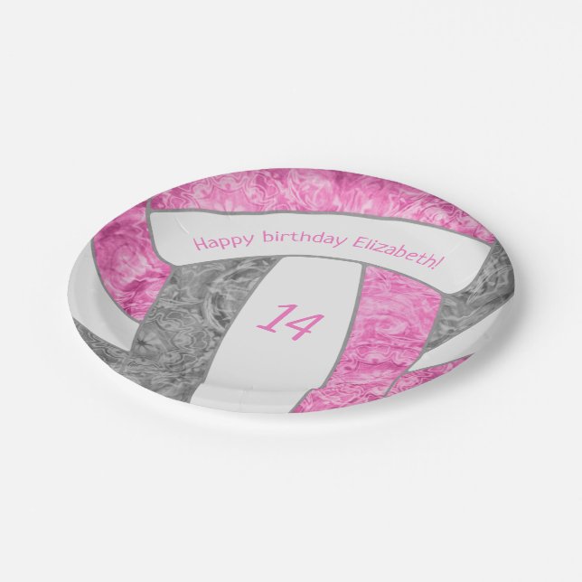 pink grey girly volleyball birthday party paper plate (Angled)