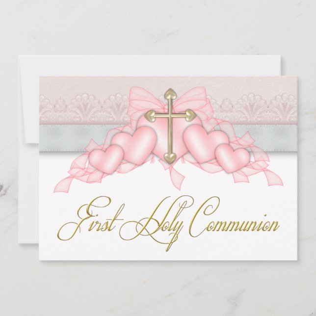 Pink Grey Gold Cross Girls Pink First Communion Invitation (Front)