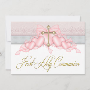Pink Grey Gold Cross Girls Pink First Communion Invitation