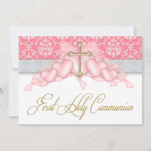 Pink Grey Gold Cross Girls Pink First Communion Invitation