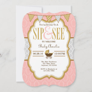 Pink Grey Gold Sip And See Invitation