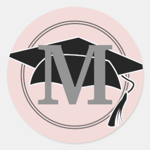 Pink Grey Graduation Cap Monogram Initial Classic Round Sticker