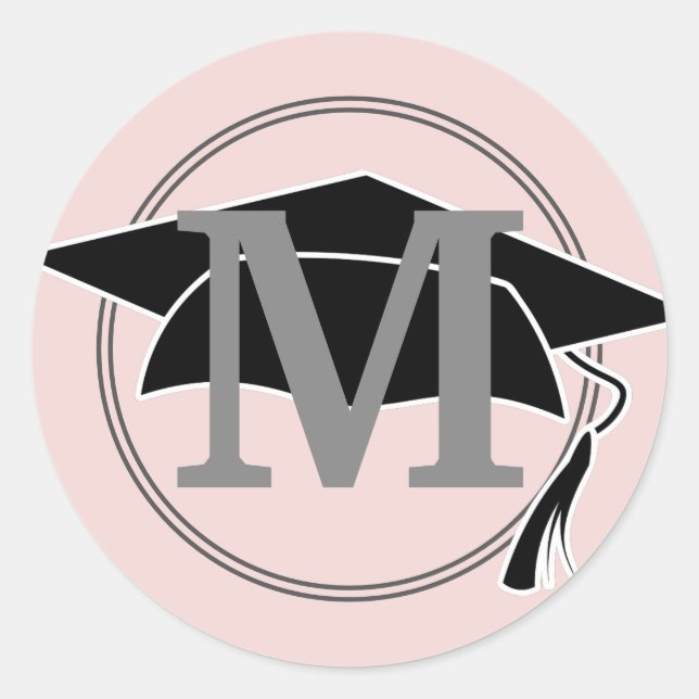 Pink Grey Graduation Cap Monogram Initial Classic Round Sticker (Front)