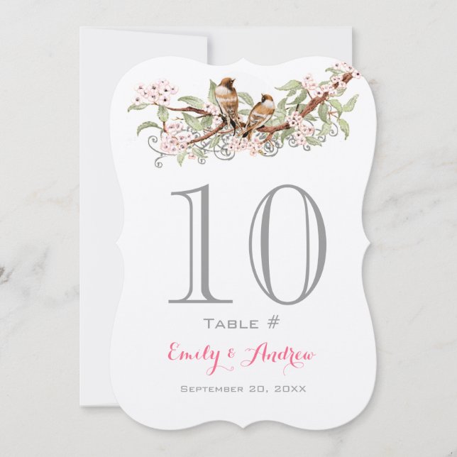 Pink Grey Green Love Bird Wedding Table Number (Front)