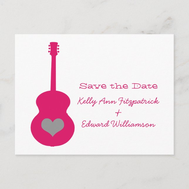 Pink/Grey Guitar Heart Save the Date Postcard (Front)