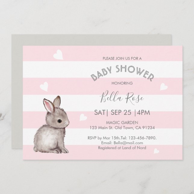 Pink Grey Heart Bunny Baby Shower Invitations (Front/Back)
