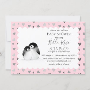 Pink Grey Hearts Penguins Baby Shower Invitations
