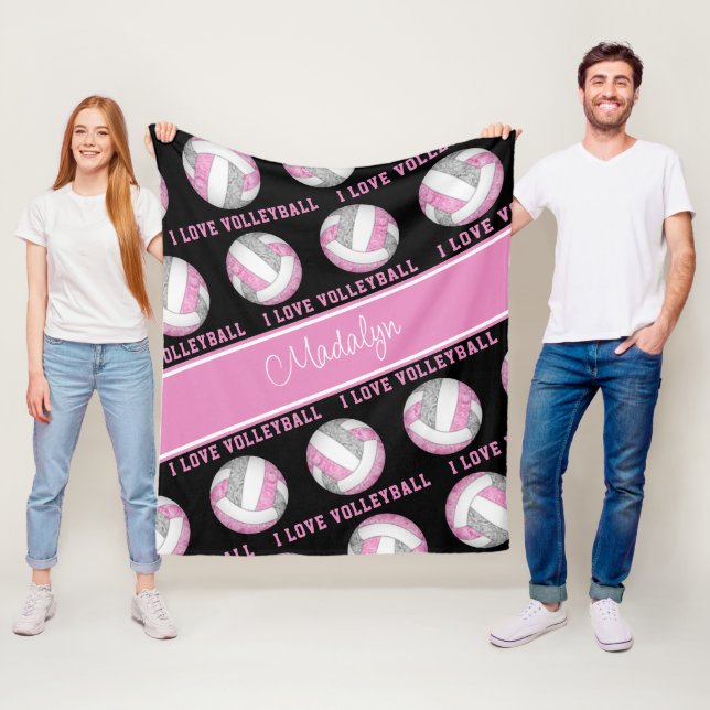 pink grey I love volleyball text pattern Fleece Blanket (In Situ)