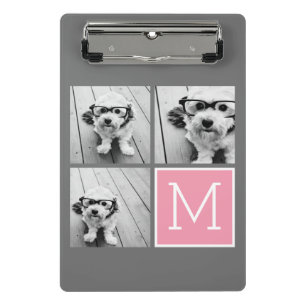 Pink Grey Instagram Photo Collage Custom Monogram Mini Clipboard