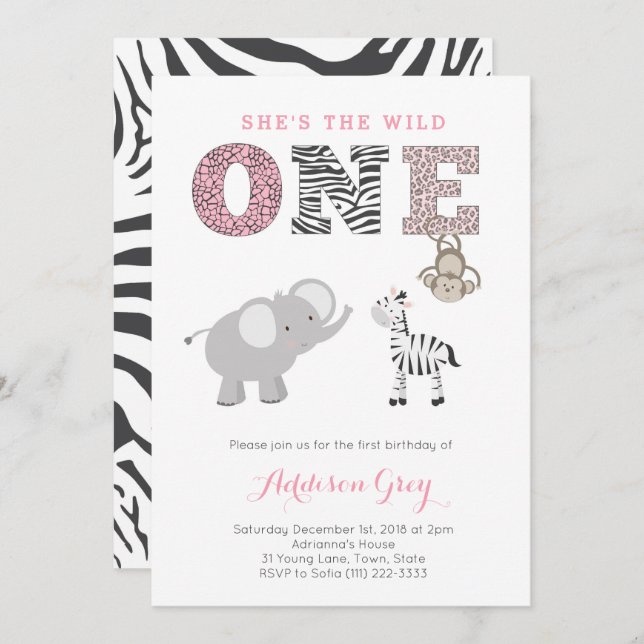 Pink Grey Jungle Safari First Birthday For Girl Invitation (Front/Back)
