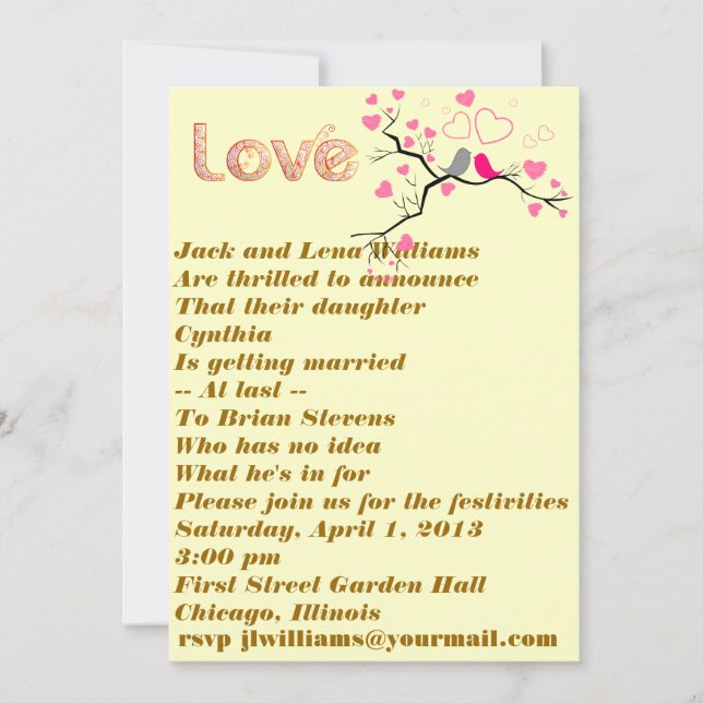 Pink, Grey Lovebirds & Hearts Wedding Invitation (Front)
