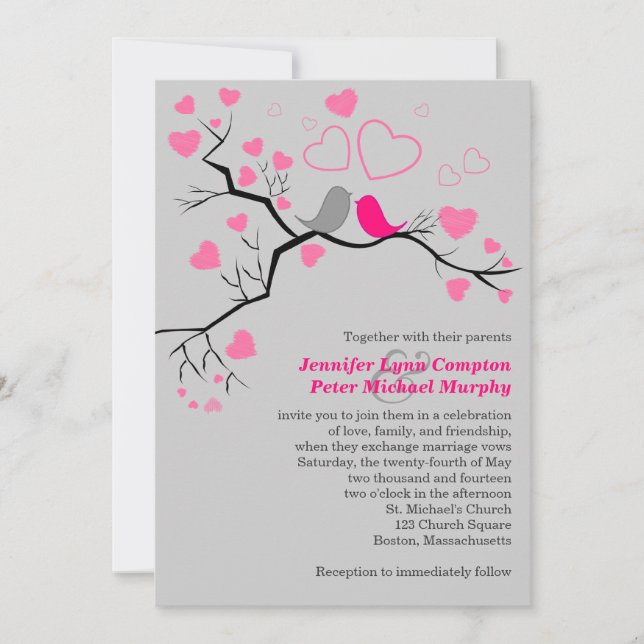 Pink, Grey Lovebirds & Hearts Wedding Invitation (Front)