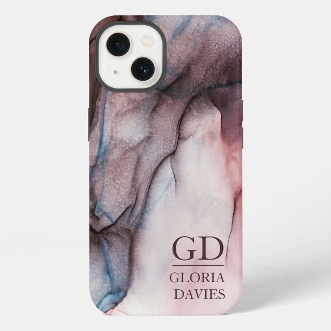 Pink Grey Marble Abstract Monogram Personalised  iPhone Case (Back)