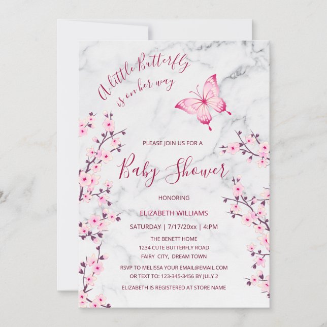 Pink Grey Marble Butterfly | Girl Baby Shower Invitation (Front)
