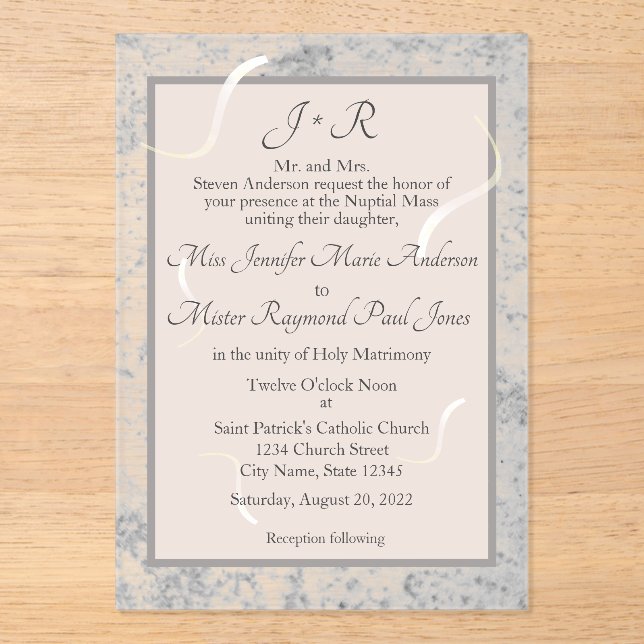 Pink & Grey Marble Monogramed Wedding Invitation (Front)