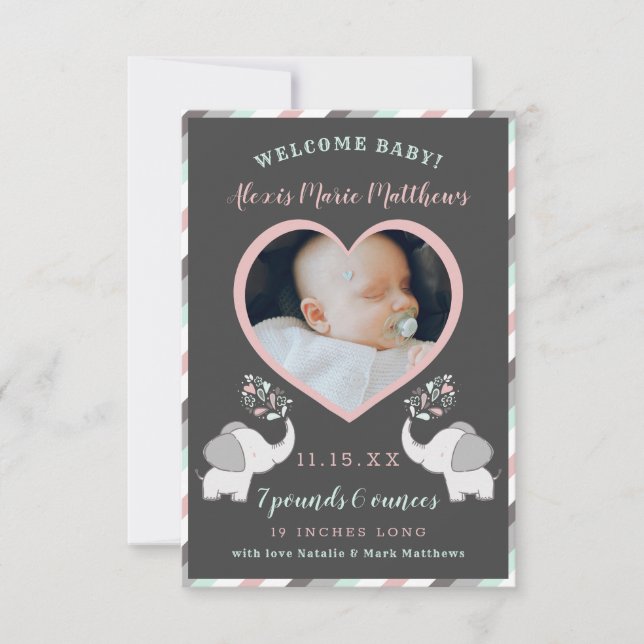 Pink Grey & Mint Elephant Baby Girl Photo Birth An Announcement (Front)