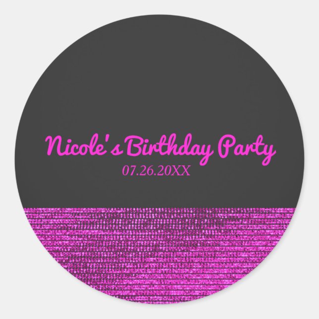 Pink & Grey Modern Glam Sequins Party Favour Custo Classic Round Sticker (Front)
