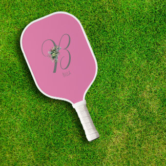 Pink grey monogram flower letter B Pickleball Paddle