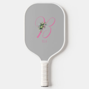 Pink grey monogram flower letter B Pickleball Paddle