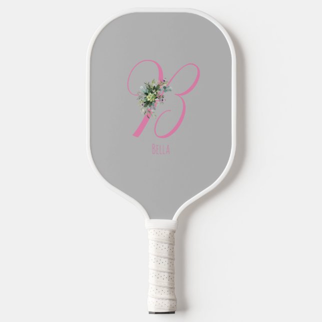 Pink grey monogram flower letter B Pickleball Paddle (Front)