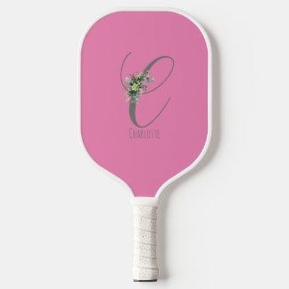 Pink grey monogram flower letter C Pickleball Paddle